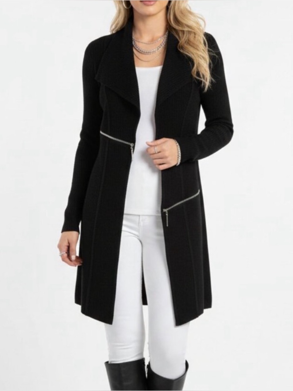 Eva Varro XL Barcelona Pebbled Black Open Front Duster Sweater Jacket zippers